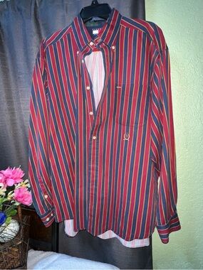 Vintage Tommy Hilfiger Men’s Striped Button-Down Shirt - Red/Navy